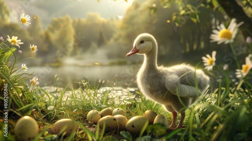 A cute duckling standing next to a nest of Easter eggs near a pond on a beautiful spring day.