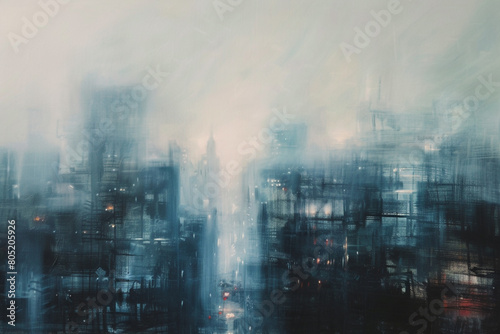 Ethereal cityscape, defocused, beneath translucent layers of oil paint, suggesting an urban dream 