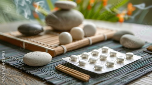 A stressrelief pill pack with blister packaging displayed on a serene background of soft, flowing water and smooth stones