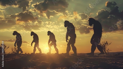 Human evolution. A study of the sequence of biological evolution of Homo sapiens. The face of a monkey, ape, ancient humans, modern humans,biology learning illustrations