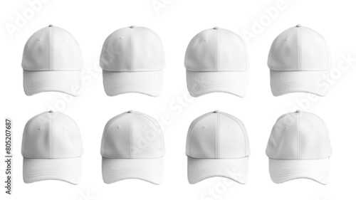 Set of different blank white baseball cap mockup templates isolated on transparent background