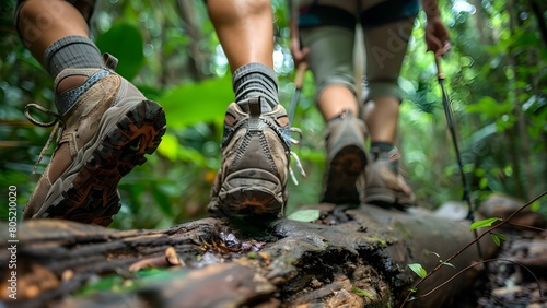 Asian couple trekking in the jungle, focused on climbing over a log while wearing trekking shoes. Concept Adventure, Nature, Trekking, Couple, Outdoor Activities