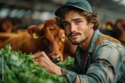 A young male farmer is feeding cows in a field, showing a connection with animals