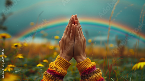Hands in prayer pose with rainbow background. Hands in a prayer position against a beautiful rainbow over a blooming field, symbolizing hope and gratitude.