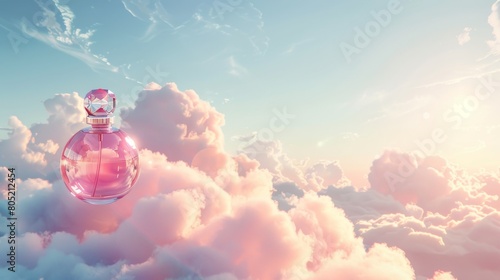 A dreamy, ethereal scene with a sweetscented pink curved glass perfume bottle floating among clouds in a pastel sky, symbolizing lightness and grace