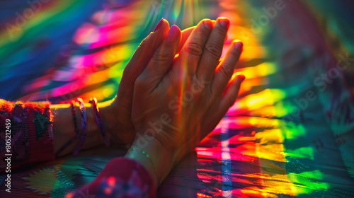 Rainbow light spectrum on hands in prayer pose. Close-up of a person's hands folded together with a vibrant rainbow spectrum cast across them in a peaceful setting.