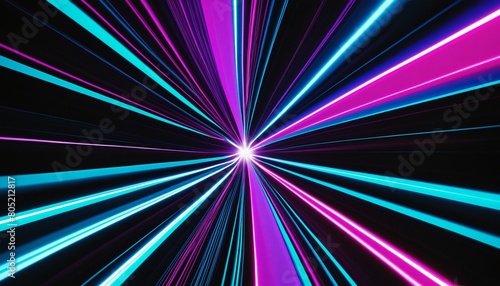 Neon Laser show with star beams, Laser abstract background blue pink lines moving out