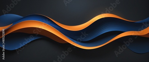 Dark widescreen beautiful background with 3D wavy dark blue and orange abstraction
