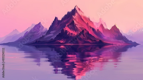  Mountain in midst of water, rosy pink sky background