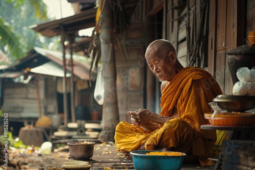 A monk sitting on the ground in front of a building. Suitable for religious and spiritual concepts