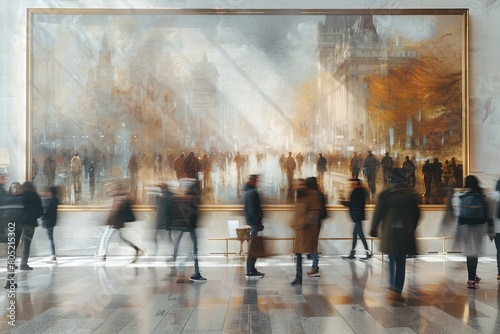 The image features ambiguous forms of spectators blurred in motion around a magnificently large and detailed canvas