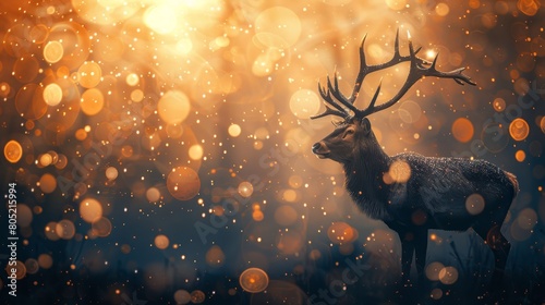  A deer with antlers against a blurred backdrop, featuring a beam of light bokeh originating from above its antlers