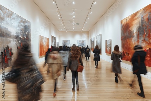 Visitors walking and observing large abstract paintings in a modern art gallery with bright lighting and spacious layout