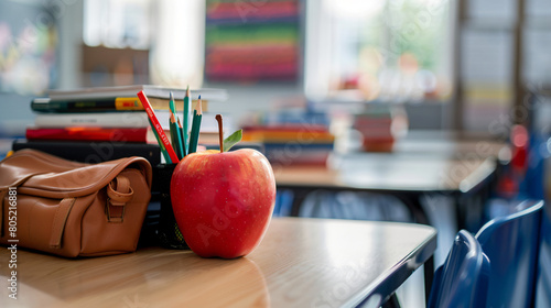Apple with school books and pencil case on table