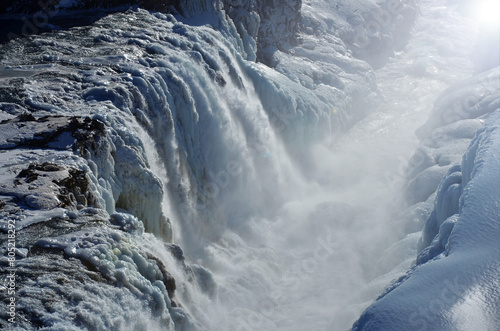 Icelandic waterfall in winter. Close up. 