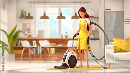 Beautiful female housekeeper with vacuum cleaner 
