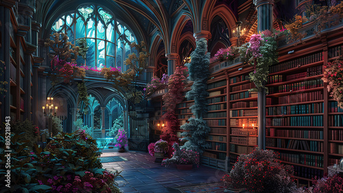 Wonderful image of an ornate magical library with fairy lights, ornamental plants and gothic arches