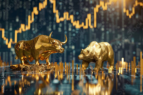 Golden bull and bear statues on a digital financial chart background 