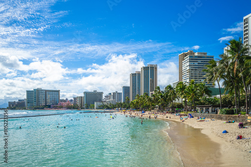 Scenery of the Waikiki beach at Oahu island in Hawaii, United states