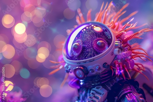 A closeup halfbody of a charismatic echinoderm styled as an astronaut floats before a cosmic purple background, colorful strange bizarre sharpen blur background with copy space