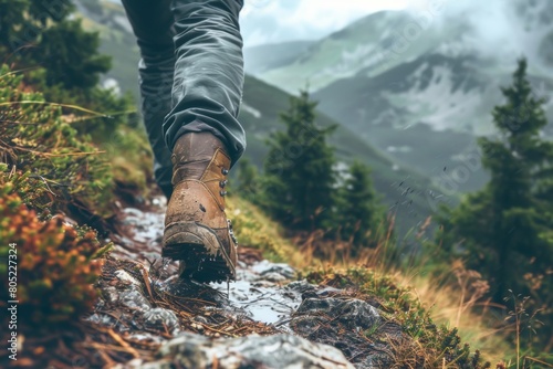 An adventurous hiker's boots step firmly on a muddy path with the majestic foggy mountains rising in the background, suggesting exploration