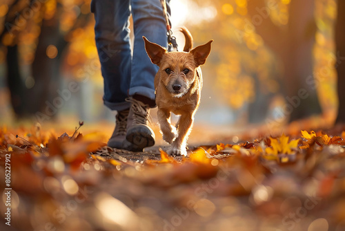 A determined dog pulling its owner along on a brisk morning walk through autumn leaves.