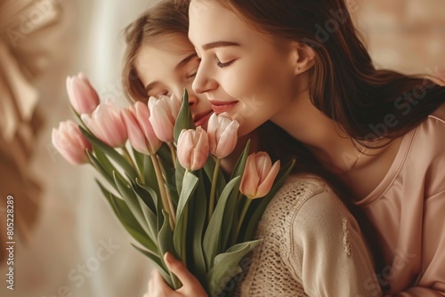 Little daughter hugging her mother and gives her a bouquet of flowers tulips at home. Happy Mother's day concept