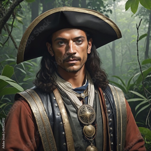 Portrait of Spanish conquistador in Amazon rainforest, illustration