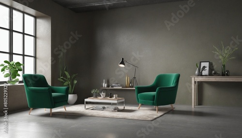 Style loft interior with dark green armchair on dark cement wall