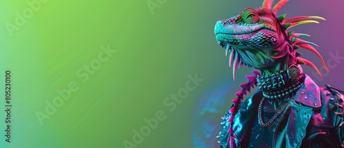 Presenting a closeup halfbody of a charismatic venomous animal in a rock star outfit