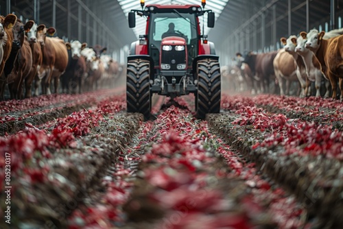 A red tractor with advanced sprayers working amongst rows of vibrant lettuce heads marks high-tech agriculture methods