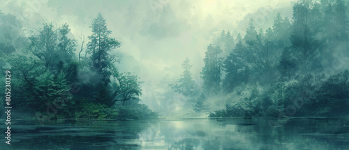 A tranquil watercolor painting of a misty forest and serene river without any human presence.