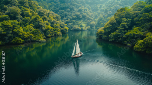 Tranquility of a sailboat on a serene lake amidst lush greenery