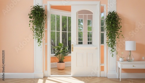 White door, window and plant concept in Peach fuzz is color trend year 2024