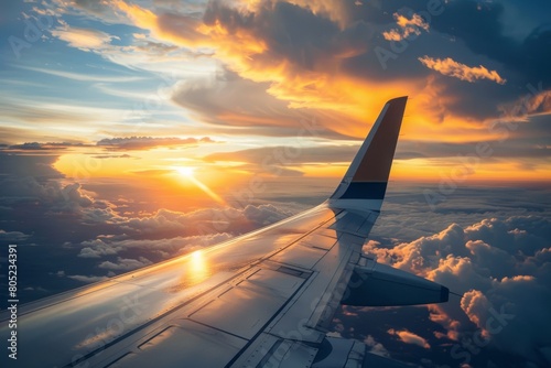 A commercial airplane's wing soars high with a warm, majestic sunset in the background, symbolizing travel and freedom