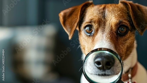 Enhanced dog detective utilizes magnifying glass for investigation. Concept Pets, Detective Work, Mystery Solving, Magnifying Glass, Investigation