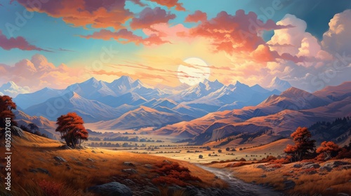 A panoramic view of a mountain range at sunset, with vibrant colors and clear skies