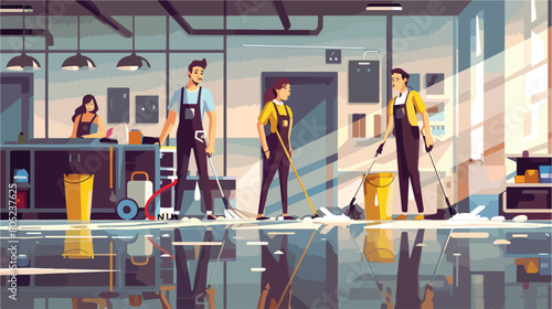 Team of janitors cleaning flat style vector de