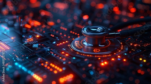 Electronic stethoscope on a computer motherboard. Concept of health check, diagnostics and maintenance of computer systems.