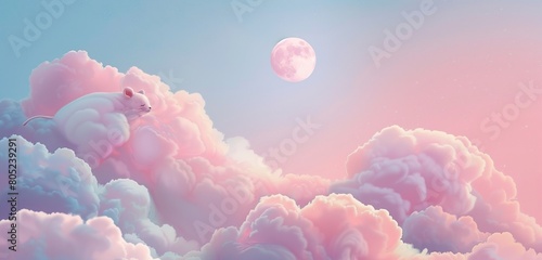 Delightful scenes of tiny animals dozing off in a dreamy pastel sky adorned with a gentle crescent moon. 