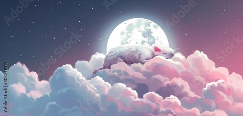 Delightful scenes of tiny animals dozing off in a dreamy pastel sky adorned with a gentle crescent moon. 
