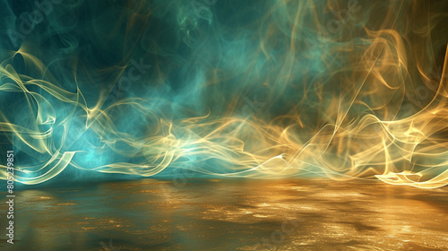 Rich teal smoke abstract background curls over a shimmering gold floor, glamorous and striking.