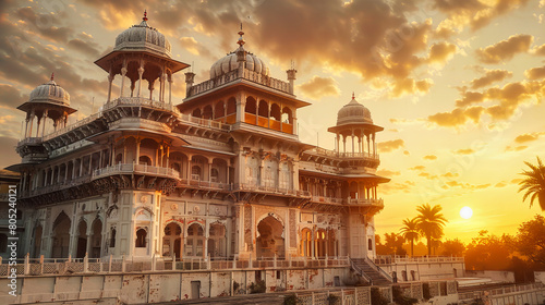 Majestic Indian Palace, Ancient Architecture with Intricate Artwork Against a Blue Sky
