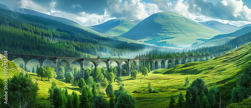 Majestic viaduct bridge amidst lush greenery, a historic railway landmark in the Scottish highlands