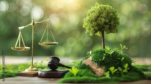 Green World and gavel with scales of justice on the green. law for principles of sustainable environmental conservation.