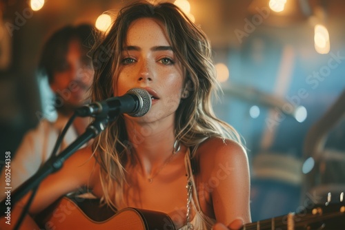 Female singer with guitar performing intimately, soft focus on microphone, warm ambiance of a music venue