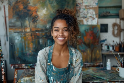 A happy female artist with a curly hairstyle is standing in her art studio surrounded by colorful paintings and brushes