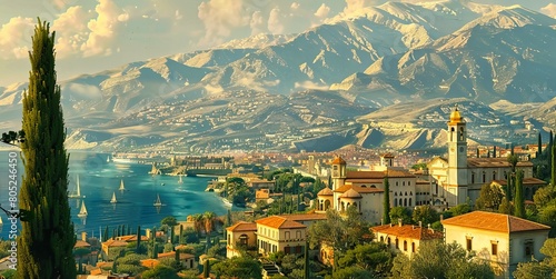Mediterranean Coastal Town, Aerial View of Historic Buildings and Azure Waters