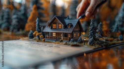 image of a mini house with a person's hand with pencil in his hand in background