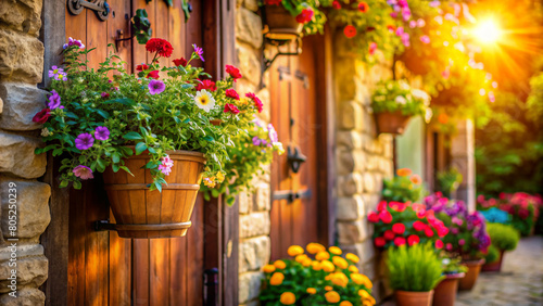 A charming village house, its stone walls adorned with terracotta pots brimming with a riot of blooming flowers. 